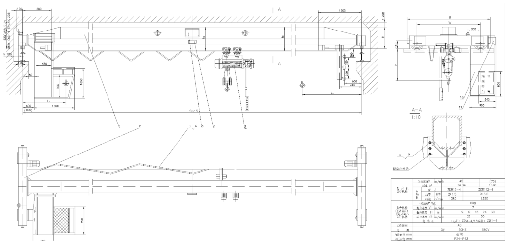 LD A3 single-girder bridge crane technical drawings